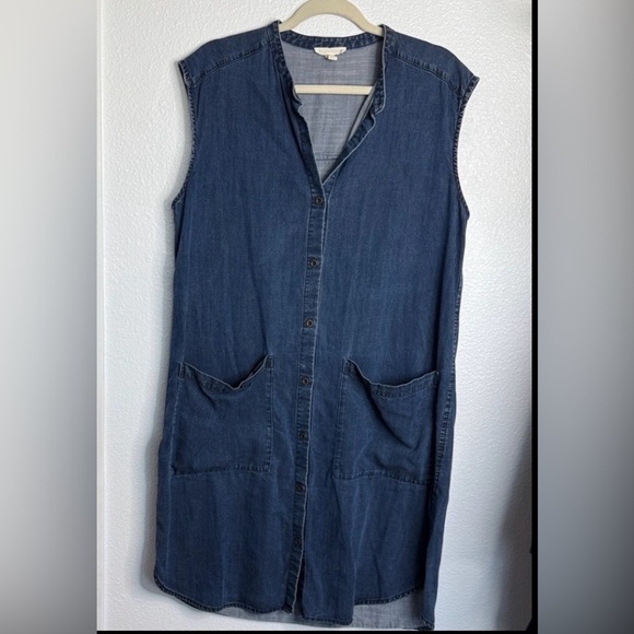 Eileen Fisher Dress Midnight Blue Denim Cotton Blend Mandarin Collar Medium - Picture 1 of 5